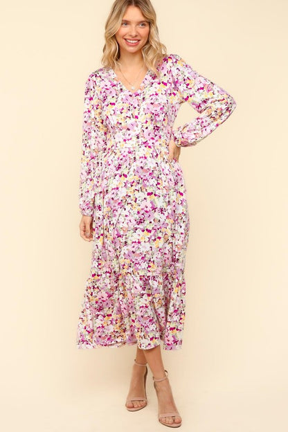 Haptics Full Size Floral V-Neck Long Sleeve Dress with Side Pockets Casual Dresses