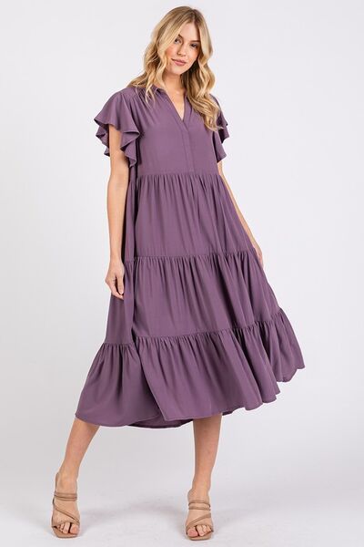 Mittoshop Ruffle Sleeve Collared V Neck Tiered Midi Dress Casual Dresses