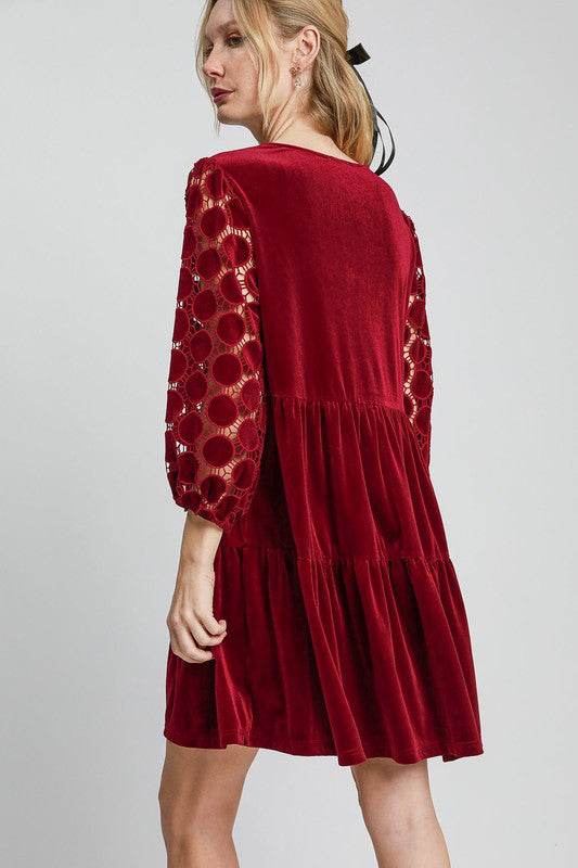Umgee Dotted Lace Sleeve Tiered Velvet Mini Dress - Shop Style & More | Fresh Looks, Everyday Deals & Free Shipping