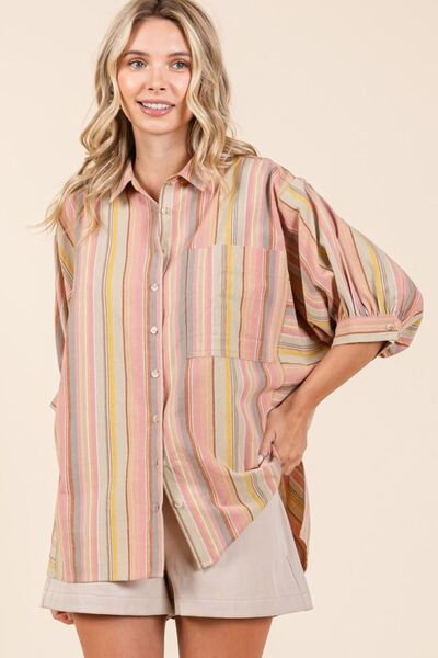 Mittoshop Striped Bubble Sleeve Button Down Shirt Blouses