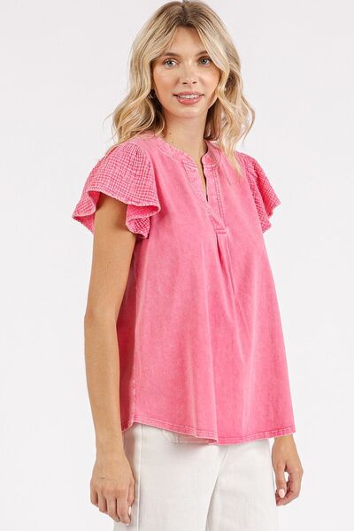 Mittoshop Mix Media Ruffle Short Sleeve Mineral Wash Top Blouses