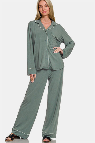 Zenana Button Down Long Sleeve Top and Pants Lounge Set Sage Lounge Set