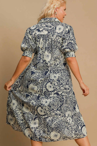 Umgee Full Size Printed Smocked Cuff Puff Sleeve Midi Dress Plus Size Casual Dresses