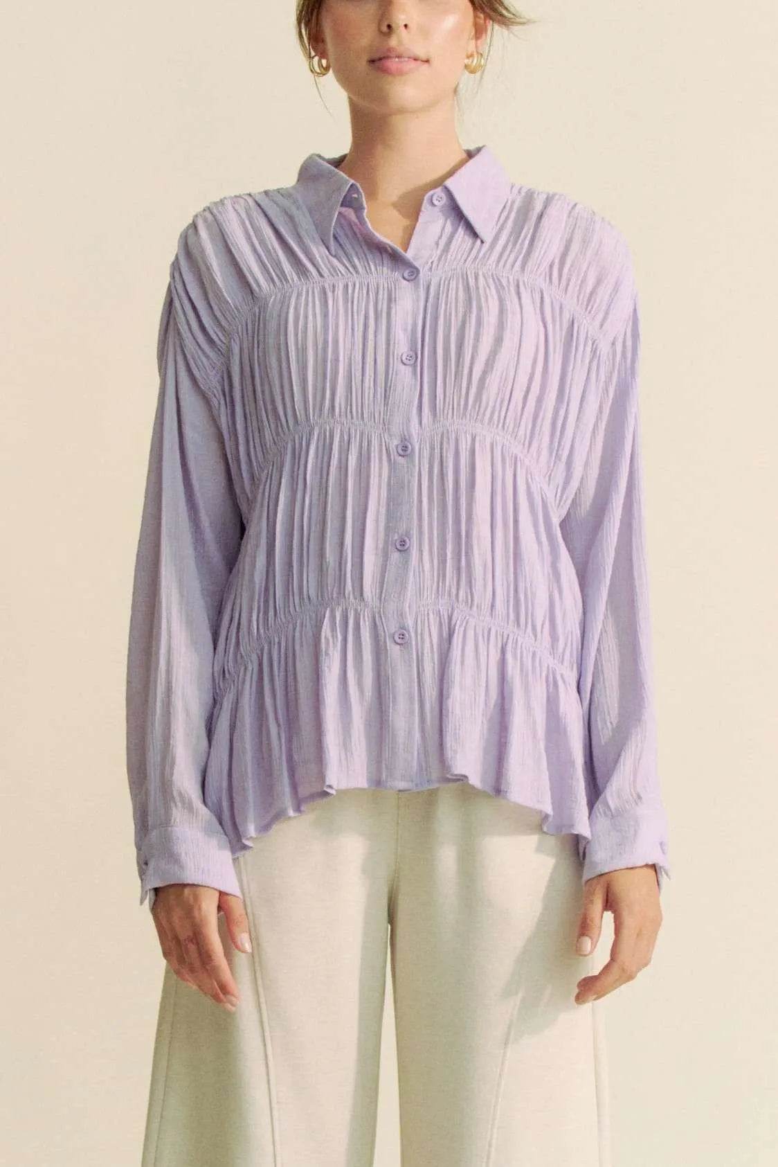 Davi & Dani Ruched All Over Button Front Shirt - Shop Style & More | Fresh Looks, Everyday Deals & Free Shipping