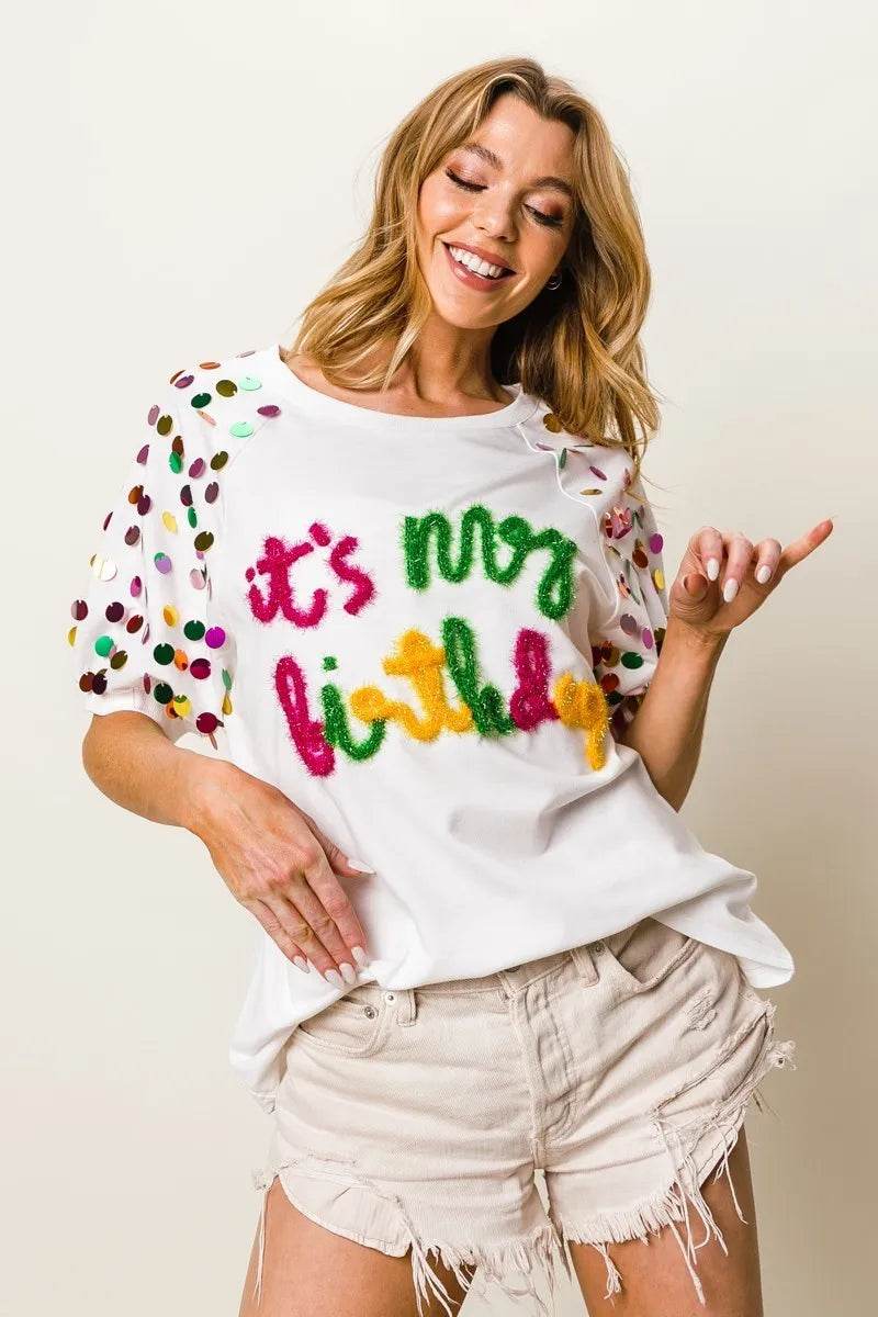 BiBi Metallic Letter Spangle Raglan Puff Sleeve Top - Shop Style & More | Fresh Looks, Everyday Deals & Free Shipping