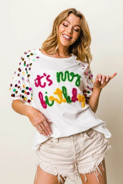 BiBi Metallic Letter Spangle Raglan Puff Sleeve Top - Shop Style & More | Fresh Looks, Everyday Deals & Free Shipping