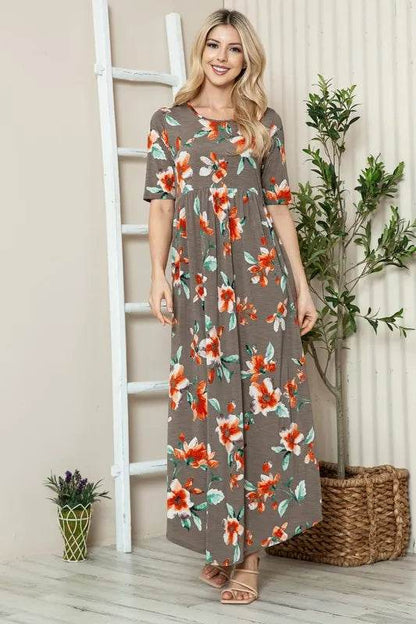BOMBOM Floral Round Neck Short Sleeve Maxi Tee Dress - Shop Style & More | Fresh Looks, Everyday Deals & Free Shipping