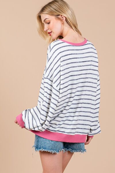 Ces Femme Striped Round Neck Drop Shoulder Sweatshirt Hoodies & Sweaters