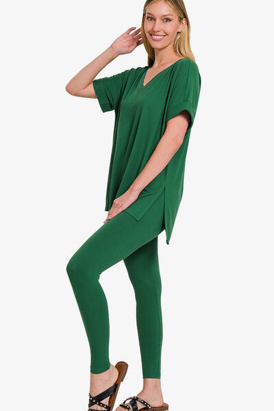 Zenana V-Neck Rolled Short Sleeve T-Shirt and Leggings Lounge Set DK Green Lounge Set