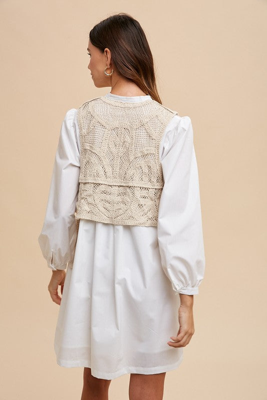 Annie Wear Crochet Vest Shirt Dress with Notched Long Sleeves Casual Dresses