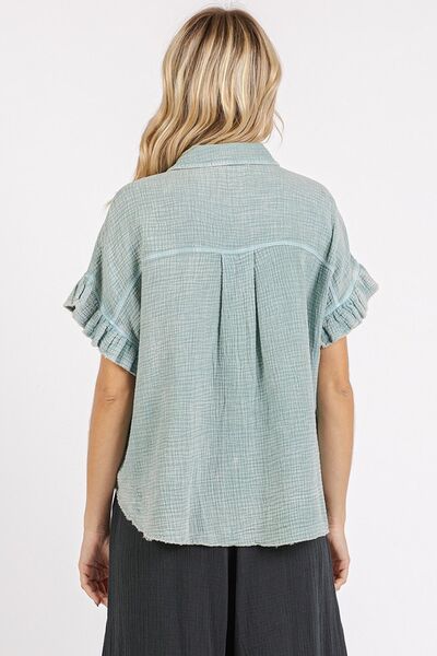 Mittoshop Mineral Washed Button Down Flounce Sleeve Shirt Blouses