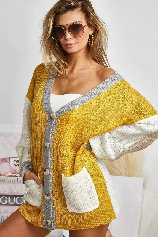 BiBi Color Block Sweater Cardigan with Button Closure - Shop Style & More | Fresh Looks, Everyday Deals & Free Shipping