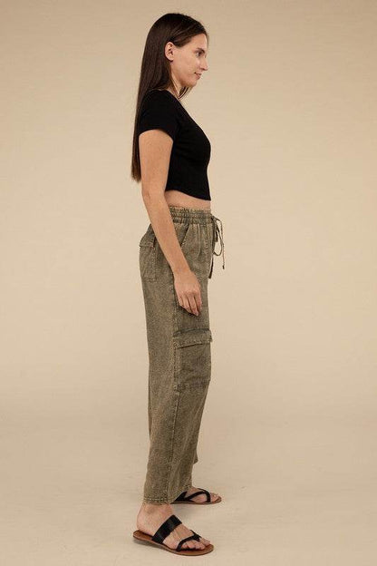 Washed Linen Elastic Band Waist Cargo Pants - Shop Style & More | Fresh Looks, Everyday Deals & Free Shipping