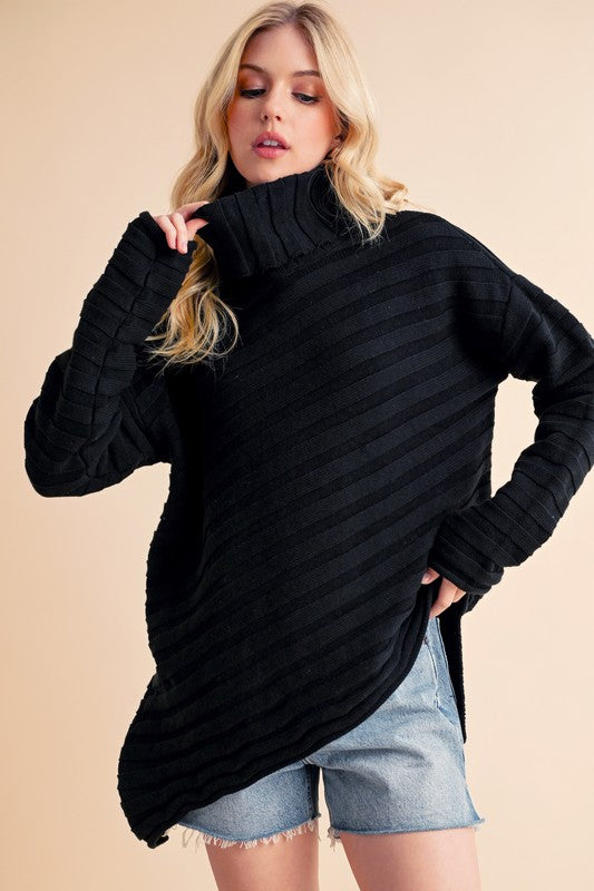 Aemi + Co Asymmetrical Side Slit Turtleneck Sweater Black Hoodies & Sweaters