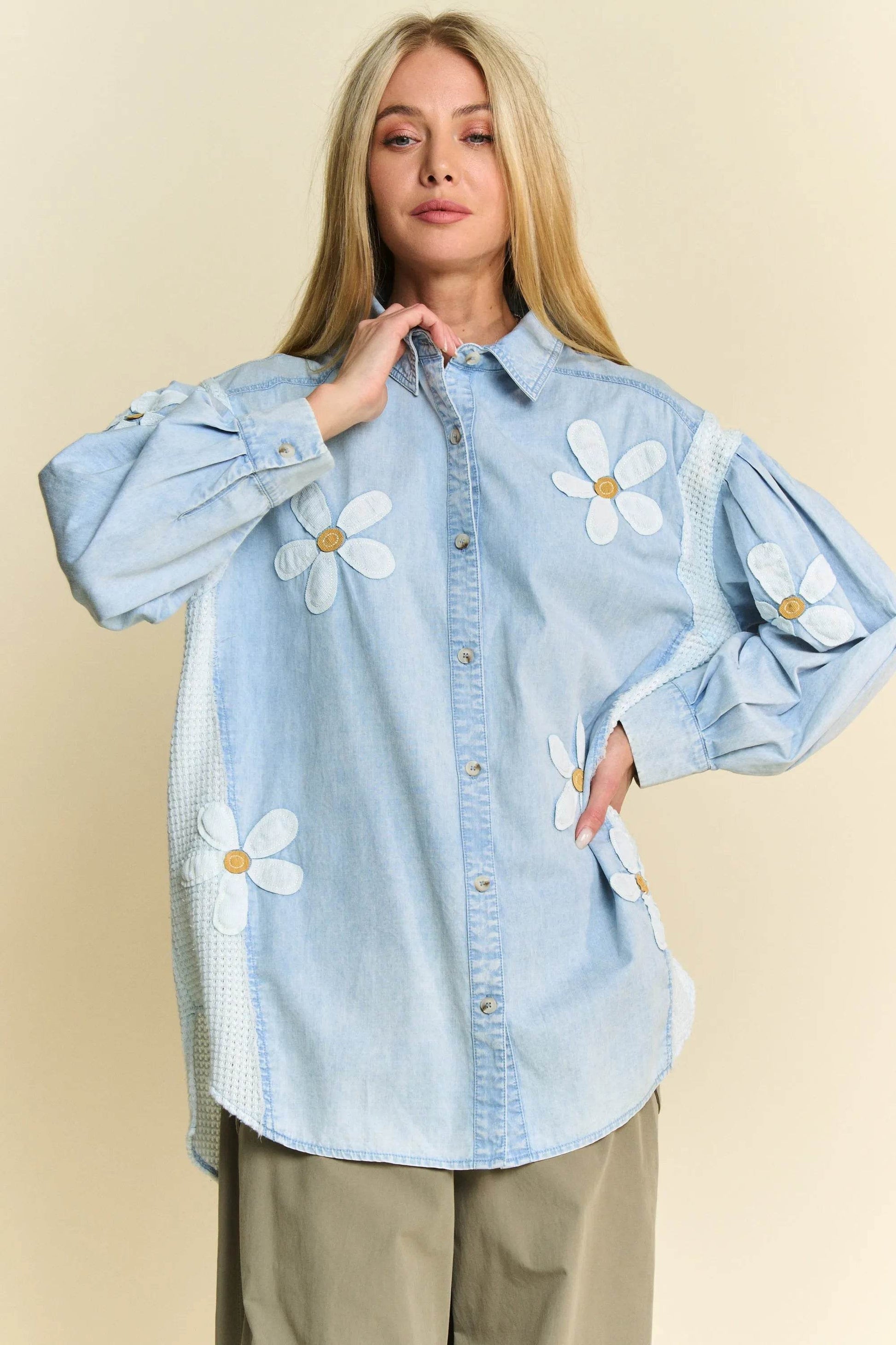 Davi & Dani Lightweight Washed Daisy Patch Waffle Knit Shirt - Shop Style & More | Fresh Looks, Everyday Deals & Free Shipping