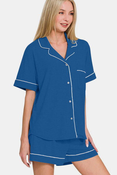 Zenana Button Down Short Sleeve Top and Shorts Lounge Set Lounge Set