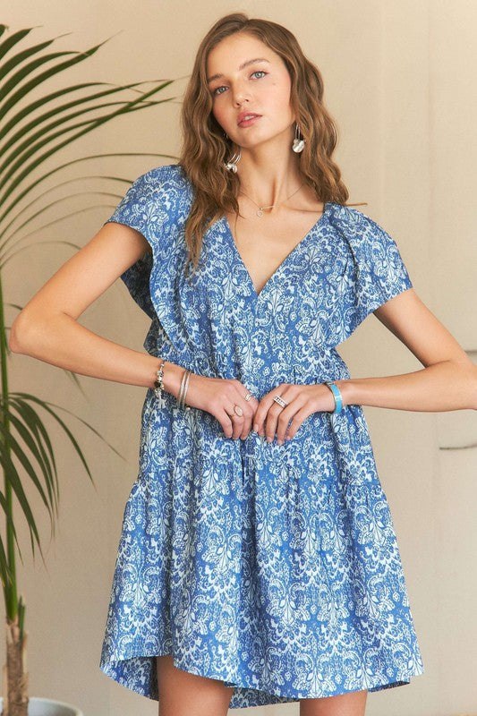 ADORA Printed V-Neck Ruffle Sleeve Mini Dress Denim Blue Casual Dresses