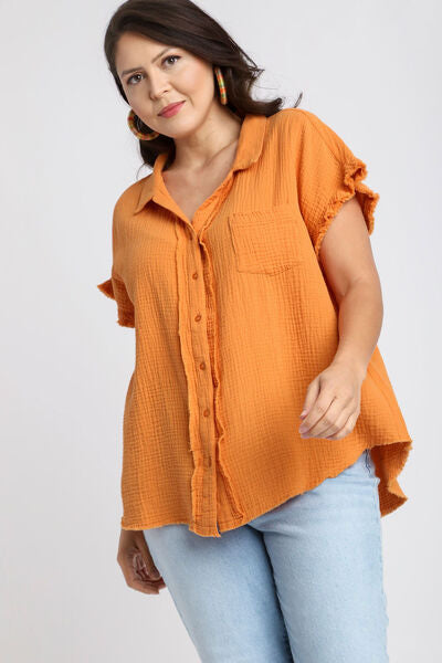 Umgee Full Size Frayed Hem Collared Neck Short Sleeve Shirt Plus Size Blouses