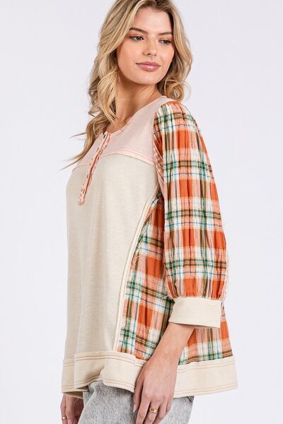 SAGE + FIG Exposed Seam Button Detail Plaid Top Blouses