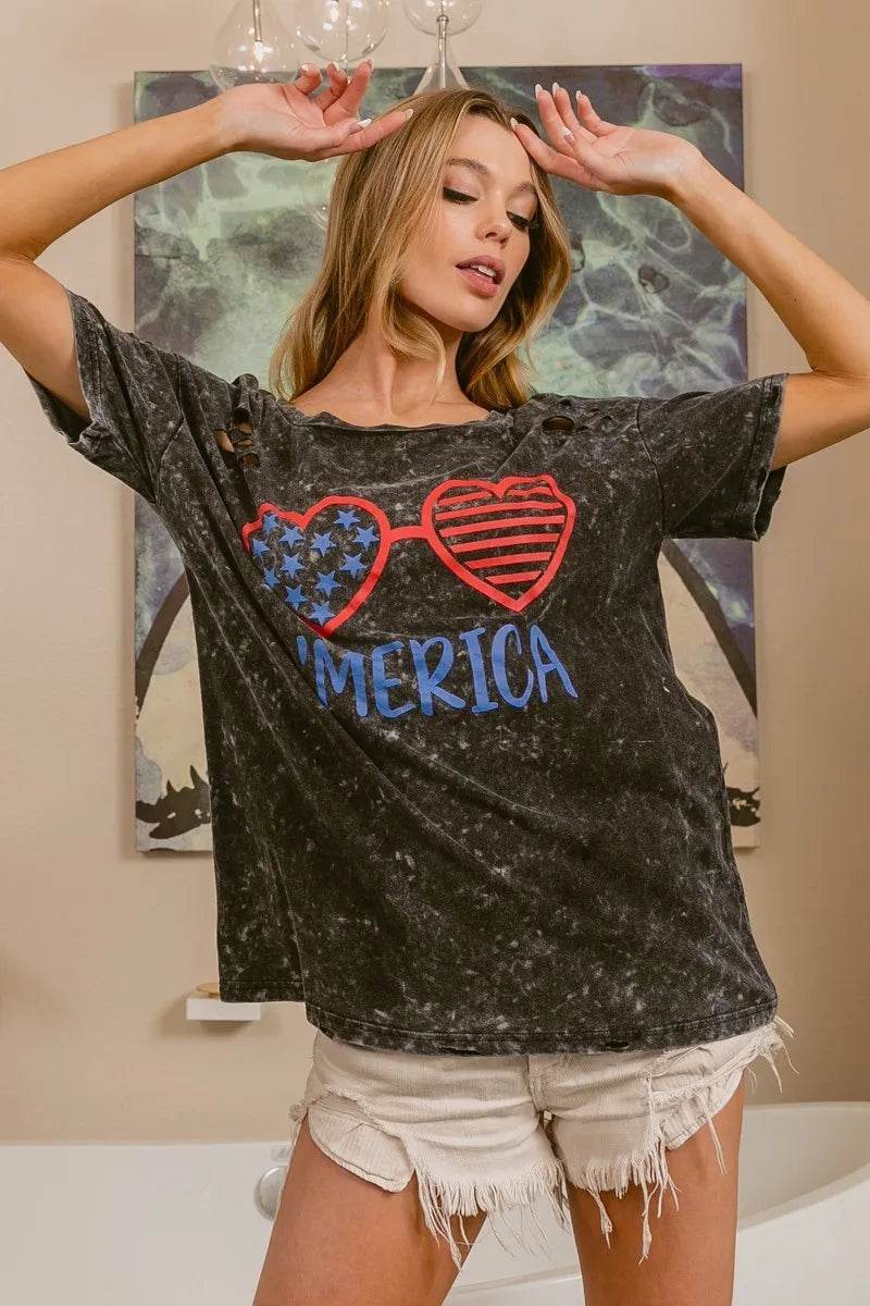BiBi 4th Of July Theme Mineral Washed Laser Cut Top - Shop Style & More | Fresh Looks, Everyday Deals & Free Shipping