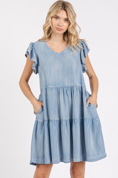 Mittoshop V-Neck Ruffled Cap Sleeve Mini Dress LT DENIM Casual Dresses