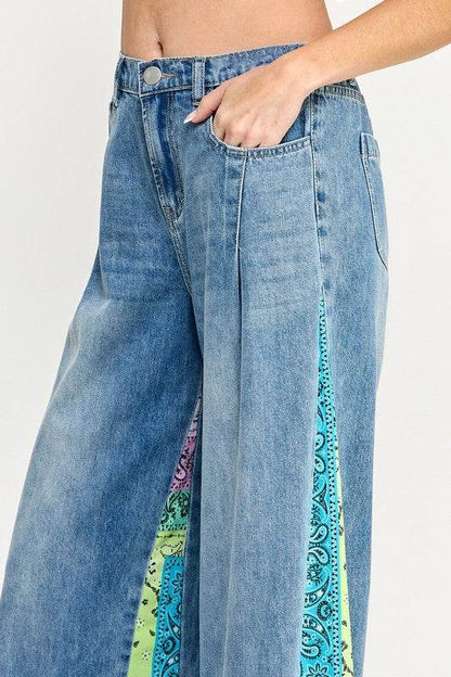 SAGE + FIG Raw Hem Paisley Print Side Wide Leg Jeans - Shop Style & More | Fresh Looks, Everyday Deals & Free Shipping