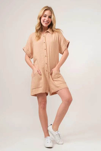 And The Why Washed Gauze Roll-up Sleeve Comfort Utility Romper - Shop Style & More | Fresh Looks, Everyday Deals & Free Shipping
