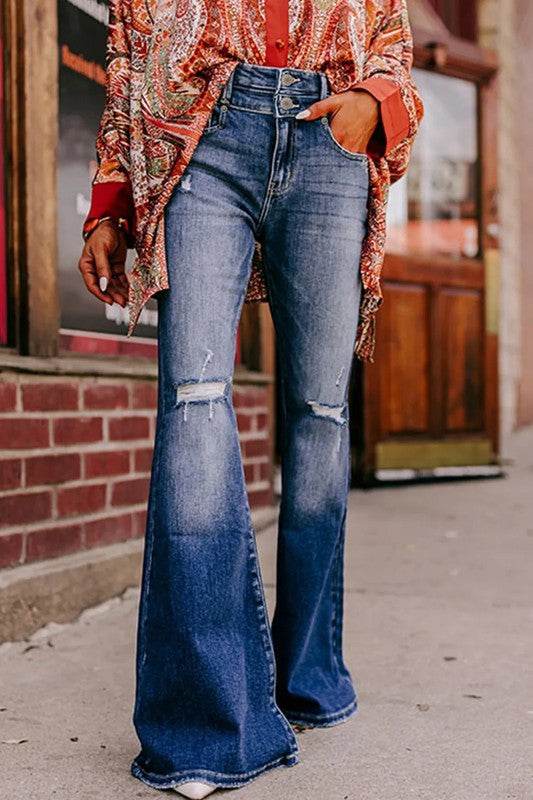 Sky Blue Button Fly Ripped High Waist Flare Jeans - Shop Style & More | Fresh Looks, Everyday Deals & Free Shipping