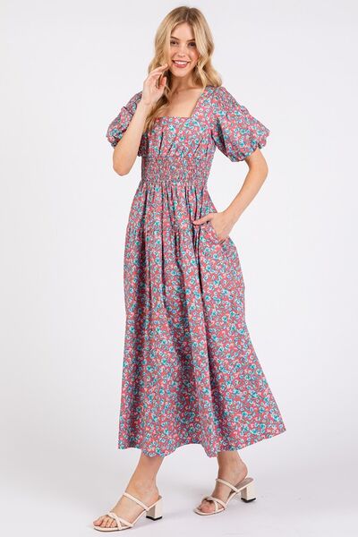 Mittoshop Smocked Floral Square Neck Puff Sleeve Midi Dress Casual Dresses