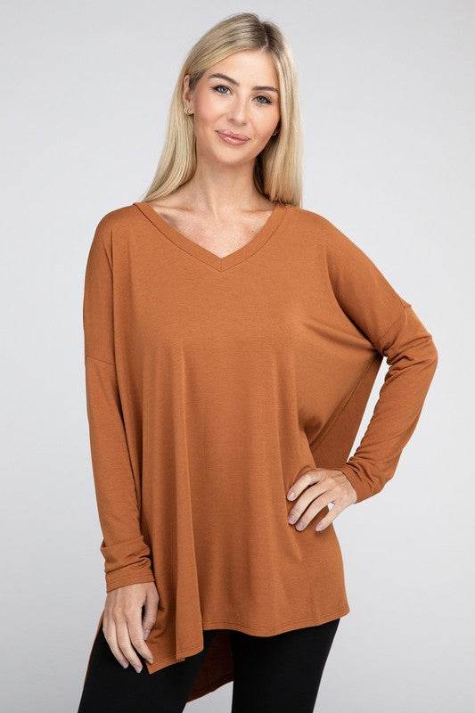 Dolman Long Sleeve V-Neck Side Slit Hi-Low Hem Top - Shop Style & More | Fresh Looks, Everyday Deals & Free Shipping