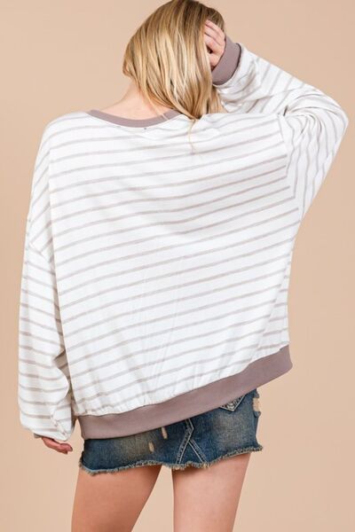 Ces Femme Striped Round Neck Drop Shoulder Sweatshirt Hoodies & Sweaters