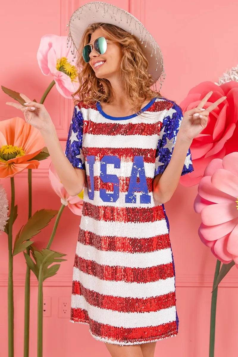BiBi American Flag Theme Usa Print Sequin Dress - Shop Style & More | Fresh Looks, Everyday Deals & Free Shipping