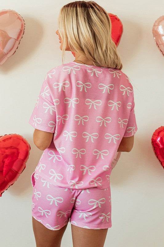 Knit Bowknot Printed V Neck T Shirt and Shorts Set - Shop Style & More | Fresh Looks, Everyday Deals & Free Shipping