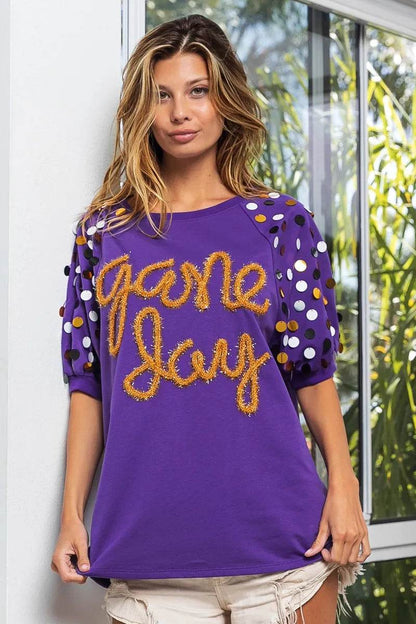 BiBi Game Day Metallic Letter Spangle Sleeve Top - Shop Style & More | Fresh Looks, Everyday Deals & Free Shipping