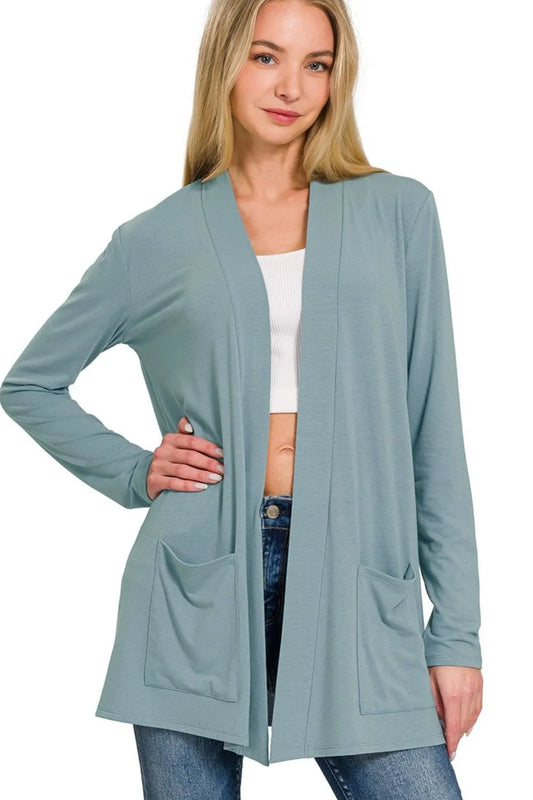 Zenana Slouchy Lightweight Open Front Pocket Cardigan BLUE GREY Women's Outerwear