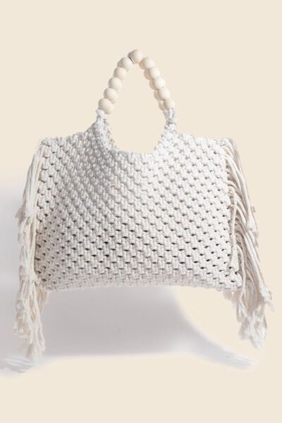 Fame Wooden Beaded Handle Braided Tote Bag Ivory One Size Bags