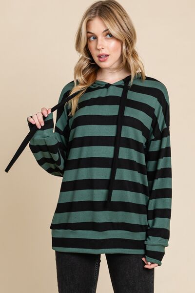 BOMBOM Drawstring Striped Dropped Shoulder Hoodie Hoodies & Sweaters