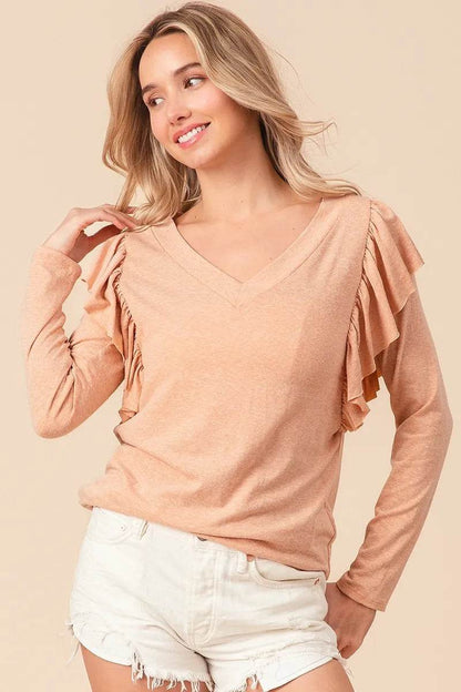 BiBi Triblend V Neck Top with Shoulder Shrring Detail - Shop Style & More | Fresh Looks, Everyday Deals & Free Shipping