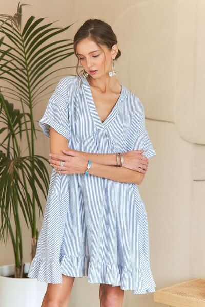 ADORA Ruffled Hem Striped V-Neck Babydoll Dress Casual Dresses