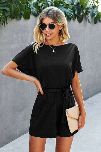 Boat Neck Short Sleeve Waist Tie Loose Romper - Shop Style & More | Fresh Looks, Everyday Deals & Free Shipping