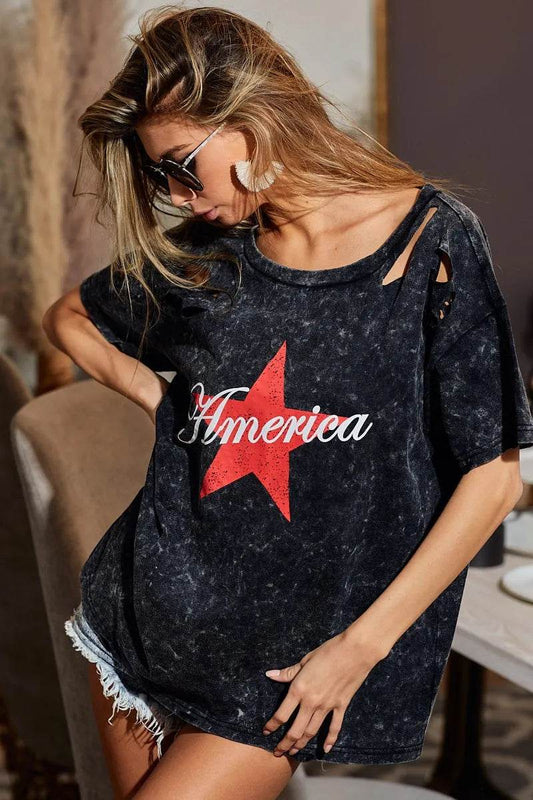 BiBi Laser Cut Mineral Washed Jersey Top with America - Shop Style & More | Fresh Looks, Everyday Deals & Free Shipping