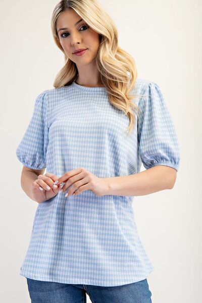 Celeste Full Size Gingham Print Top With Puff Sleeves Plus Size Light Blue Blouses