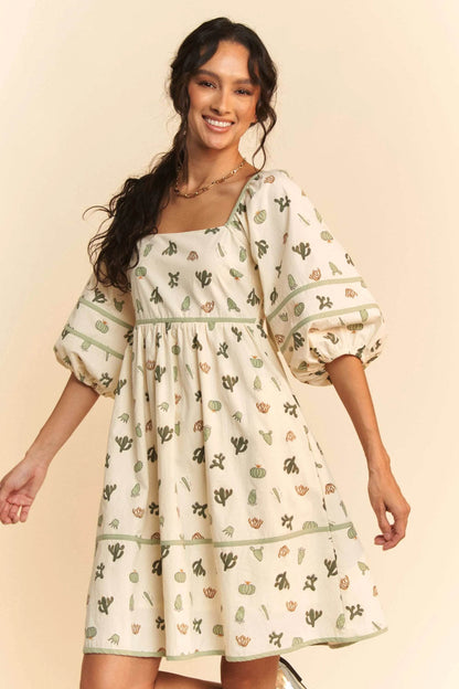 Davi & Dani Cactus Printed Poplin Contrast Piping Mini Dress - Shop Style & More | Fresh Looks, Everyday Deals & Free Shipping