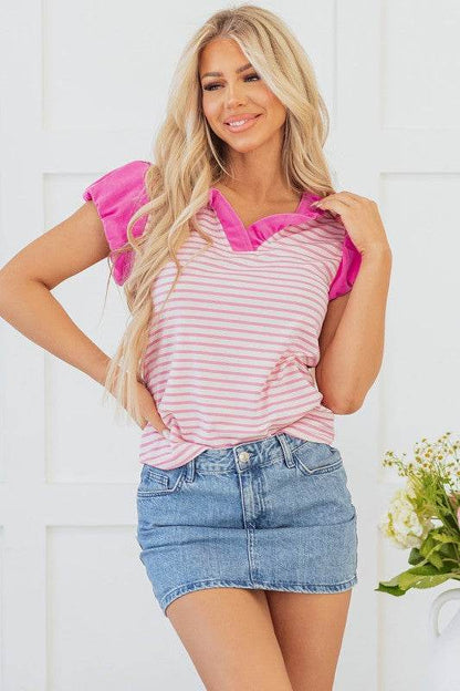 Rosie Stripe Ruffled V Neck Cap Puff Sleeve Top - Shop Style & More | Fresh Looks, Everyday Deals & Free Shipping