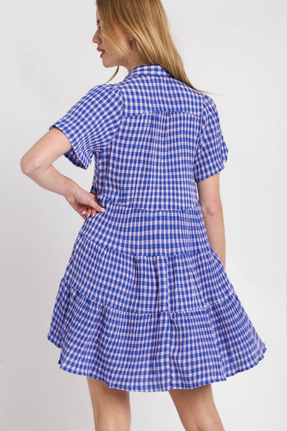 Umgee Full Size Gingham Tiered Button Detail Short Sleeve Dress Plus Size Casual Dresses