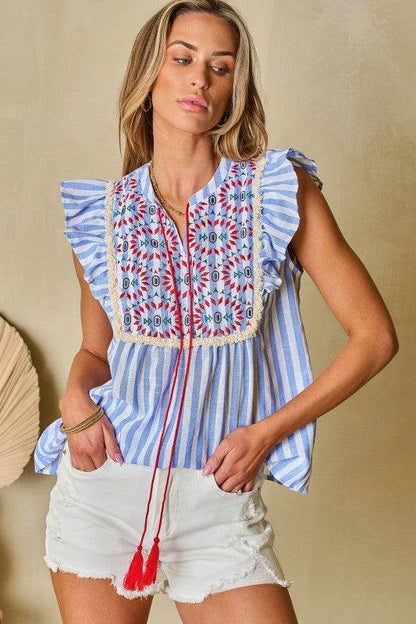 Ariya Stripe Geo Pattern Embroidered Tassel Flutte - Shop Style & More | Fresh Looks, Everyday Deals & Free Shipping