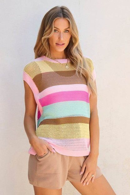 Jamie Stripe Crochet Cap Sleeve Loose Fit Sweater - Shop Style & More | Fresh Looks, Everyday Deals & Free Shipping