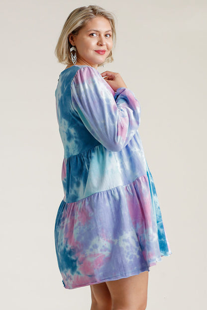 Umgee Full Size Tie Dye Round Neck Long Sleeve Babydoll Tiered Dress Plus Size Casual Dresses