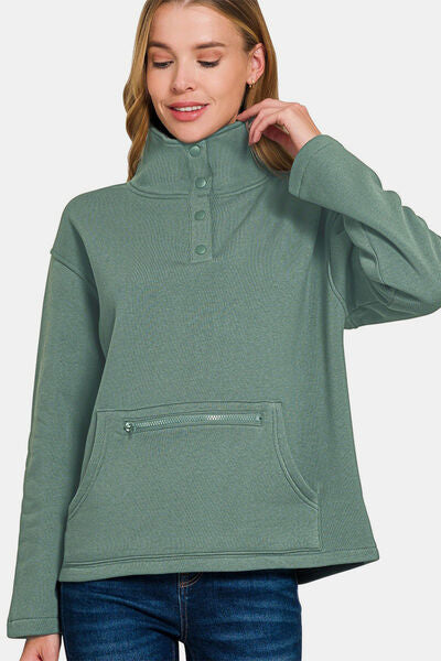 Zenana Turtleneck Half Snap Fleece Sweatshirt Ash Jade Hoodies & Sweaters