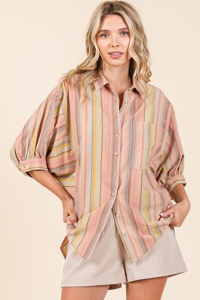 Mittoshop Striped Bubble Sleeve Button Down Shirt Multicolor Blouses